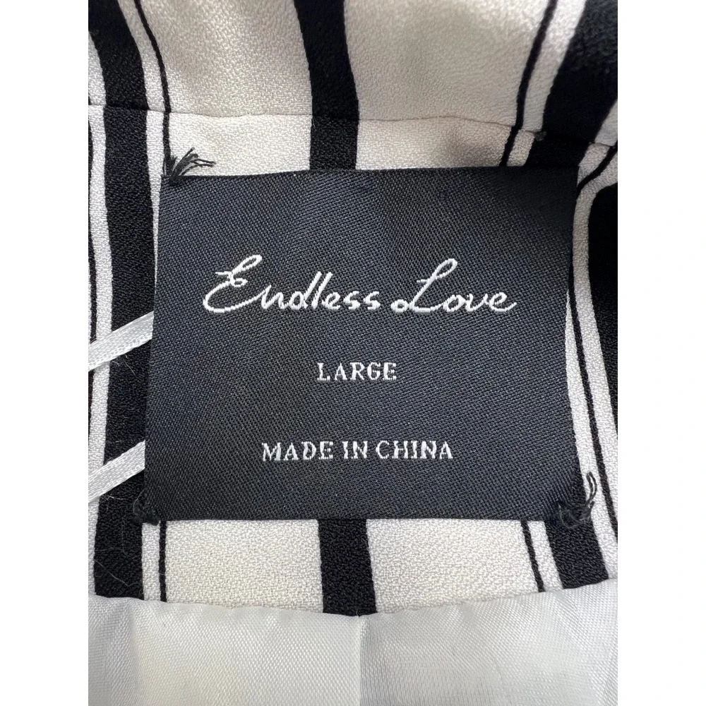 Endless Love Womens Striped Open Front Blazer Black White Ruched 3/4 Sleeve L‎